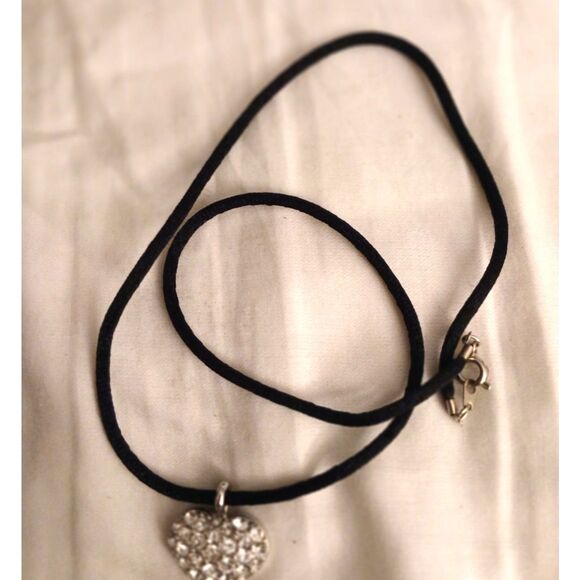 Josten's silver tone tiny heart pendant rhinestones black cord - Picture 2 of 3
